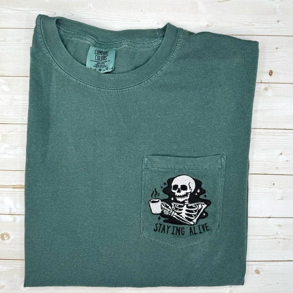 Embroidered Coffee Skeleton Shirt, Funny Staying Alive Pocket Tee, Retro Skull Halloween Shirt, Spooky Season Tee, Coffee Lovers Gift