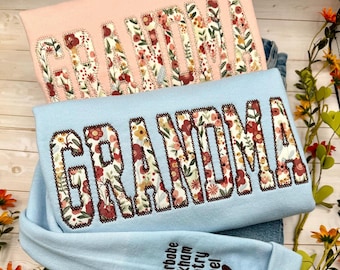 Embroidered Grandma Sweatshirt, Custom Grandma Sweater, Personalized Crewneck, Cute Floral Sweatshirt, Mother's Day Gift, Christmas Gift