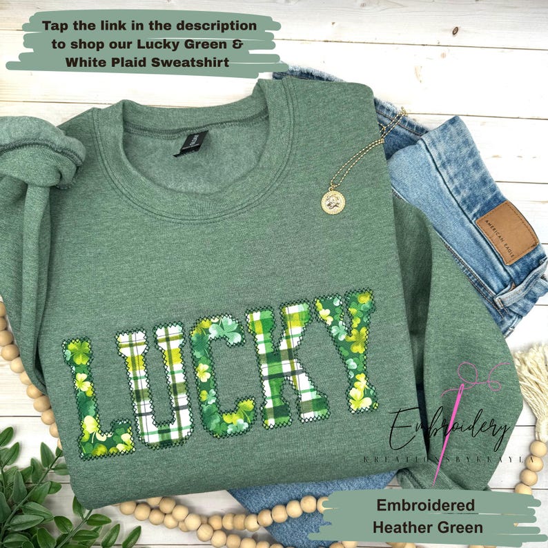 Lucky Sweatshirt, St Patty's Embroidered Sweatshirt, Shamrock Sweatshirt, Irish Four Leaf Clover Crewneck, St Patrick's Day Sweatshirt image 13