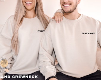 Custom Embroidered Roman Numeral Crewneck, Personalized Date and Initial Sweatshirt, Couple's Anniversary Gift, Gift for Him or Her