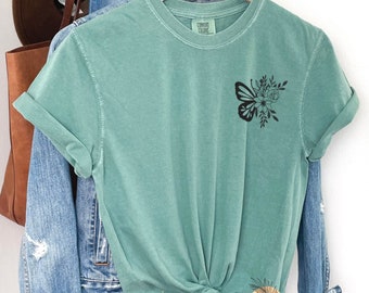 Embroidered Floral Butterfly Shirt, Comfort Colors Tee, Minimalist Nature T-Shirt, Trendy Boho Aesthetic, Cute Butterfly Tee,