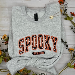 Embroidered Spooky Season Sweatshirt, Halloween Sweatshirt, Pumpkin Sweatshirt, Ghost Sweatshirt, Applique Halloween Crewneck For Women