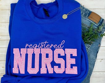 Embroidered Nurse Sweatshirt, Custom RN Glitter Sweatshirt, Cute Nurse Crewneck, Nursing School Graduation Gift, Personalized Career Sweater