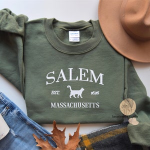 Embroidered Salem Massachusetts Sweatshirt, EST 1626 Halloween Crewneck, Spooky Season Pullover, Black Cat Fall Sweatshirt