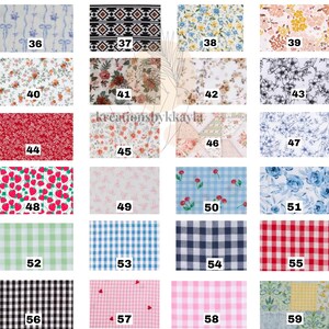 May include: A selection of fabric swatches showcasing diverse patterns. Designs include floral, gingham, geometric, and fruit motifs. Colours vary from red, blue, and pink to black and white. The text "kreationsbykkayla" is visible.