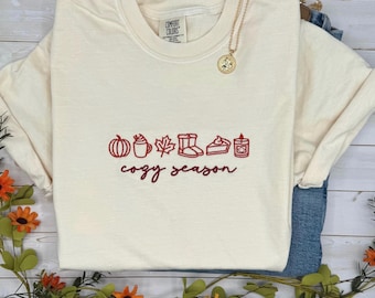 Embroidered Cozy Season Shirt, Fall Icons Comfort Colors Tee, Autumn Aesthetic T-Shirt, Cute Pumpkin Fall Shirt, Cozy Fall Tee