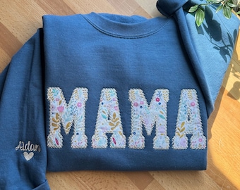 Mama Sweatshirt, Embroidered Mama Sweatshirt, Mama Floral Appliqué Sweatshirt, Mother's Day Gift, Birthday Gift for Mom, Gift for Mom