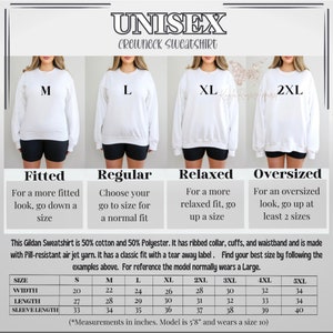 May include: White unisex crewneck sweatshirt with a size guide. The image shows four models wearing the sweatshirt in sizes M, L, XL, and 2XL. The size chart provides measurements in inches, with the model wearing a size 10.