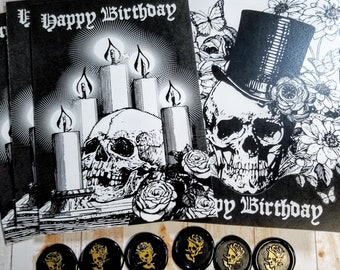 BIRTHDAY CARD | 6 pack | 5X7 Gothic Greeting Card | Skull Candles & Top Hat