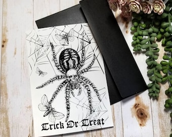 HALLOWEEN CARD | 5X7 Gothic Greeting Card  | Trick or Treat Skull Spider