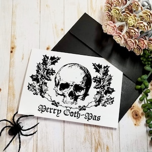 CHRISTMAS CARD | 5X7 Gothic Greeting Card |  Skull & Holly Merry Goth Mas | GC-MG002