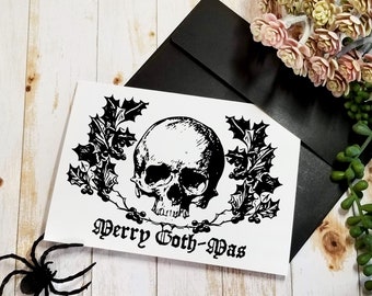 CHRISTMAS CARD | 5X7 Gothic Greeting Card |  Skull & Holly Merry Goth Mas | GC-MG002