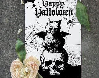 WALL DECOR | Happy Halloween Poster | 11x17 | Art Print | Happy Halloween Bat Cat | WA-002HH