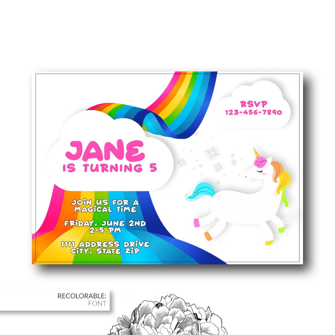 Rainbow Unicorn Birthday Invitation | Personalize | Digital Download - Etsy