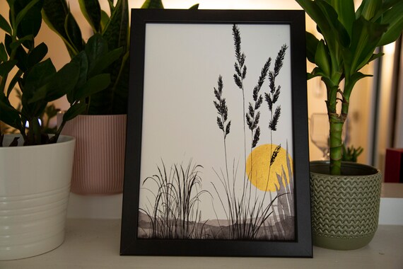 Wilderness sunset painting; Black,white and gold print, hand finished with gold,A4