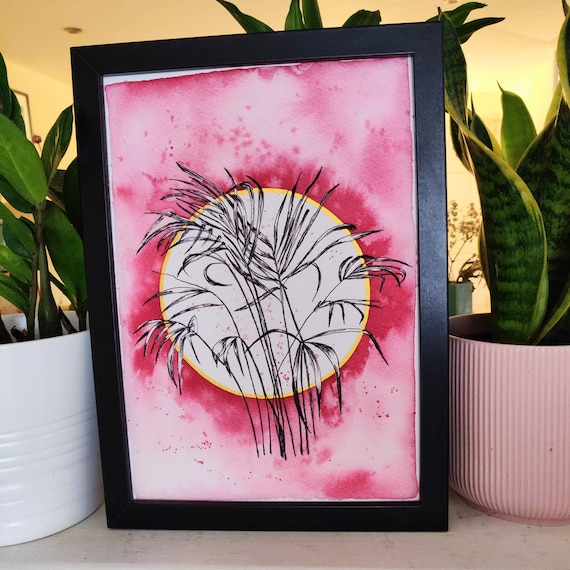 Tropical plant, fine art print, embellished by hand with gold ink unique gold art,A4