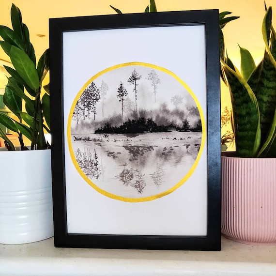 Misty day, fine art print, embellished by hand with gold ink unique gold art,A4