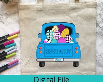 Eggs Ahoy Easter Truck-ontwerp voor sublimatie of printables: digitaal png-bestand