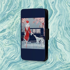 Funda con tapa retro vintage para teléfono Samsung con diseño de dama y galgo