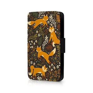 Funda tipo libro con diseño de zorro y flores para iPhone