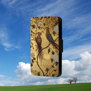 Capa flip para celular com estampa de pássaros nas árvores para Samsung