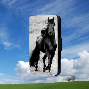 Funda abatible para teléfono Samsung con diseño de caballo negro