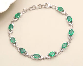Natural Emerald Tennis Bracelet • 925 Sterling Silver May Birthstone Jewelry