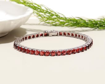 Natural Garnet Tennis Bracelet • 925 Sterling Silver January Birthstone Jewelry