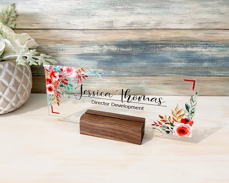 8x3 Desk Name Plate Office Supply Personalized Secretary Sign Gift Custom Nurses Teacher friend special Wood Rose floral flowers