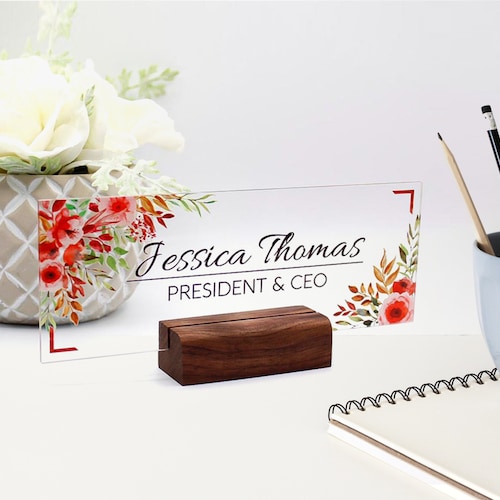 Personalized Name Plate for Desk Leaf Purple Design on Clear Etsy