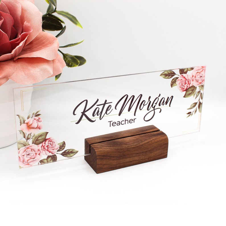 Executive Personalised Desk Name Plate, Custom Engraved Desk Sign, Plaque, Office, Flower Office Sign 