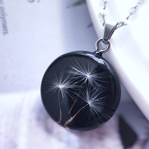 Real dandelion pendant. Dandelion in epoxy resin. Dandelion seeds black necklace