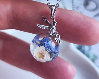 Forget-me-not necklace. Real flower resin orb pendant. Fairy necklace