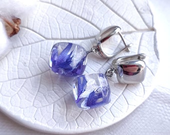 Resin floral jewelry Real flower petal earrings Cornflower in resin cube earrings