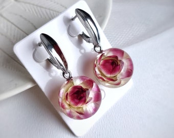 Resin floral jewelry Real flower petal earrings Cornflower in resin cube earrings