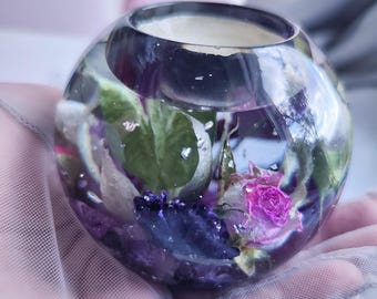 Theelichthouder epoxyhars: bloemendecor gedroogde roos