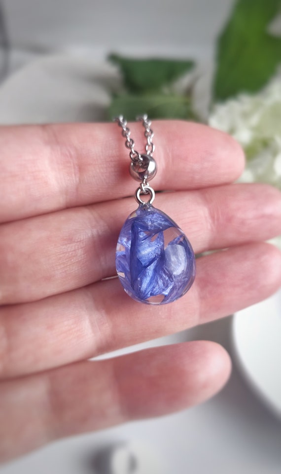 Resin floral jewelry Real flower petal earrings Cornflower in resin cube earrings