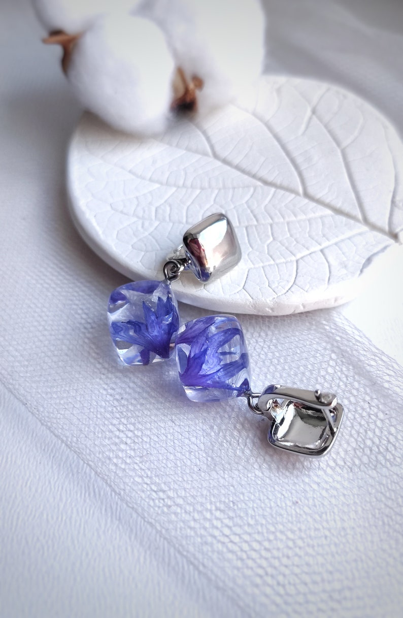 Resin floral jewelry Real flower petal earrings Cornflower in resin cube earrings