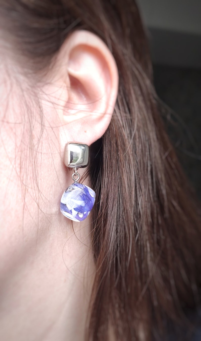 Resin floral jewelry Real flower petal earrings Cornflower in resin cube earrings