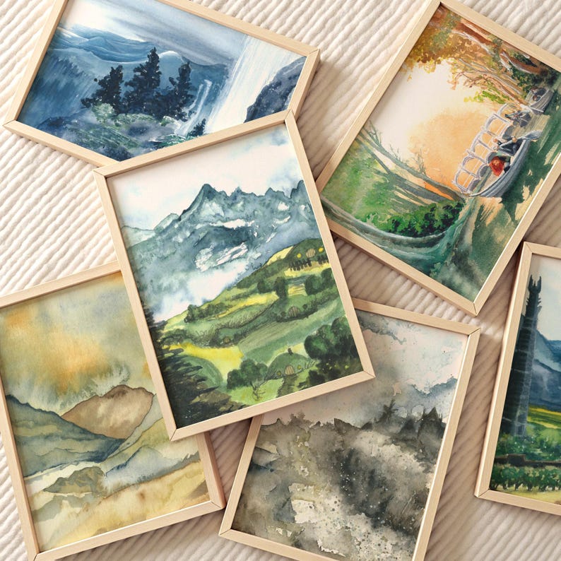 Lord of the Rings Shire Giclée Print | Hobbiton Watercolor Art | Fantasy Landscape Wall Decor | LOTR-Inspired Gift for Tolkien Fans image 1