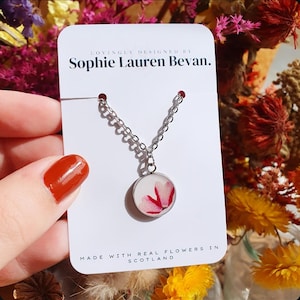 Pressed Pink Verbena Flower Necklace: Stainless Steel Pendant, Made in Scotland