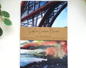 Forth Bridge A5 Notebook: Edinburgh Scotland Watercolor, Recycled Paper