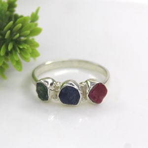 Three Head Natural Raw Sapphire Silver Ring, Emerald Ring, Ruby Ring, Boho Hippie Ring, Vintage Rough Ring, Dainty Ring, Raw Gemstone Ring