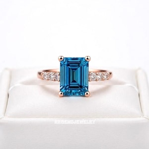 Emerald Cut Blue Topaz Engagement Ring, Rose Gold Side Stone Ring, Statement Ring, Rectangular Gemstone Jewelry, Promise Gift for Her