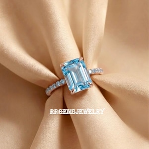 Rectangular Aquamarine Wedding Ring, Light Blue Cut Gemstone Engagement Ring, Pave Accent Band, Rose Gold Dainty Promise Ring for Women