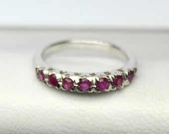Natural Pink Tourmaline Wedding Band, Round Cut Gemstone Ring, Sterling Silver Half Eternity Band, Stackable Minimalist Ring, Oct Birthstone