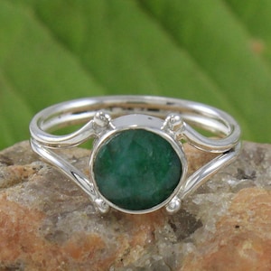 Genuine Green Emerald Faceted Gemstone Silver Ring, Handcrafted Bohemian Round GEMs Ring, May Birthstone Jewelry, Gift For Her