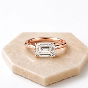 Classic Emerald Cut Moissanite Engagement Ring, Minimalist Solitaire Ring, Rose Gold Wedding Ring, Rectangular Gemstone Alternative Ring