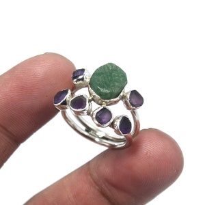 Natural Emerald Ring, Amethyst Rough Ring, Raw Gemstone Silver Rings, Unique Design Ring, Raw Crystal Band, Stacking Ring, Ethical Band Ring