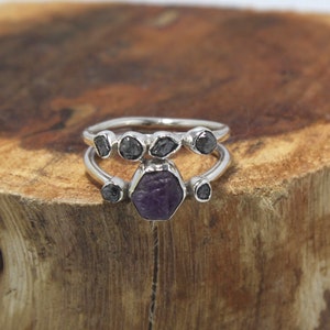 Natural Diamond Ring, Raw Gemstone Ring, Pink Sapphire Rough Ring, Unique Design Silver Ring-Raw Crystal Ring, Black Diamond Rough Band Ring